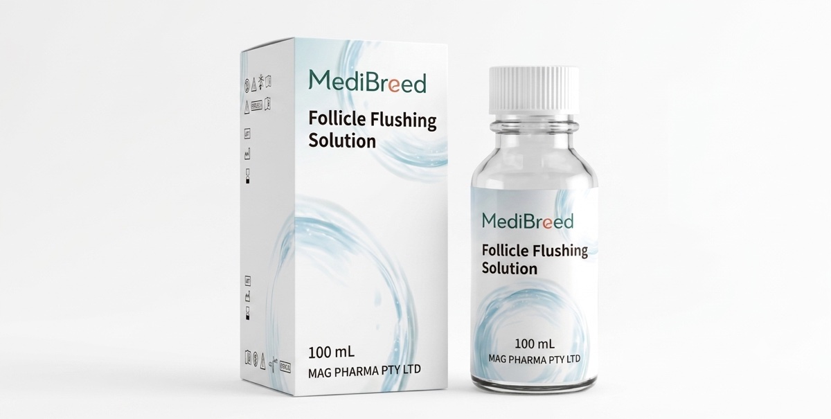 MediBreed Follicle Flushing Solution 100 mL pack and bottle
