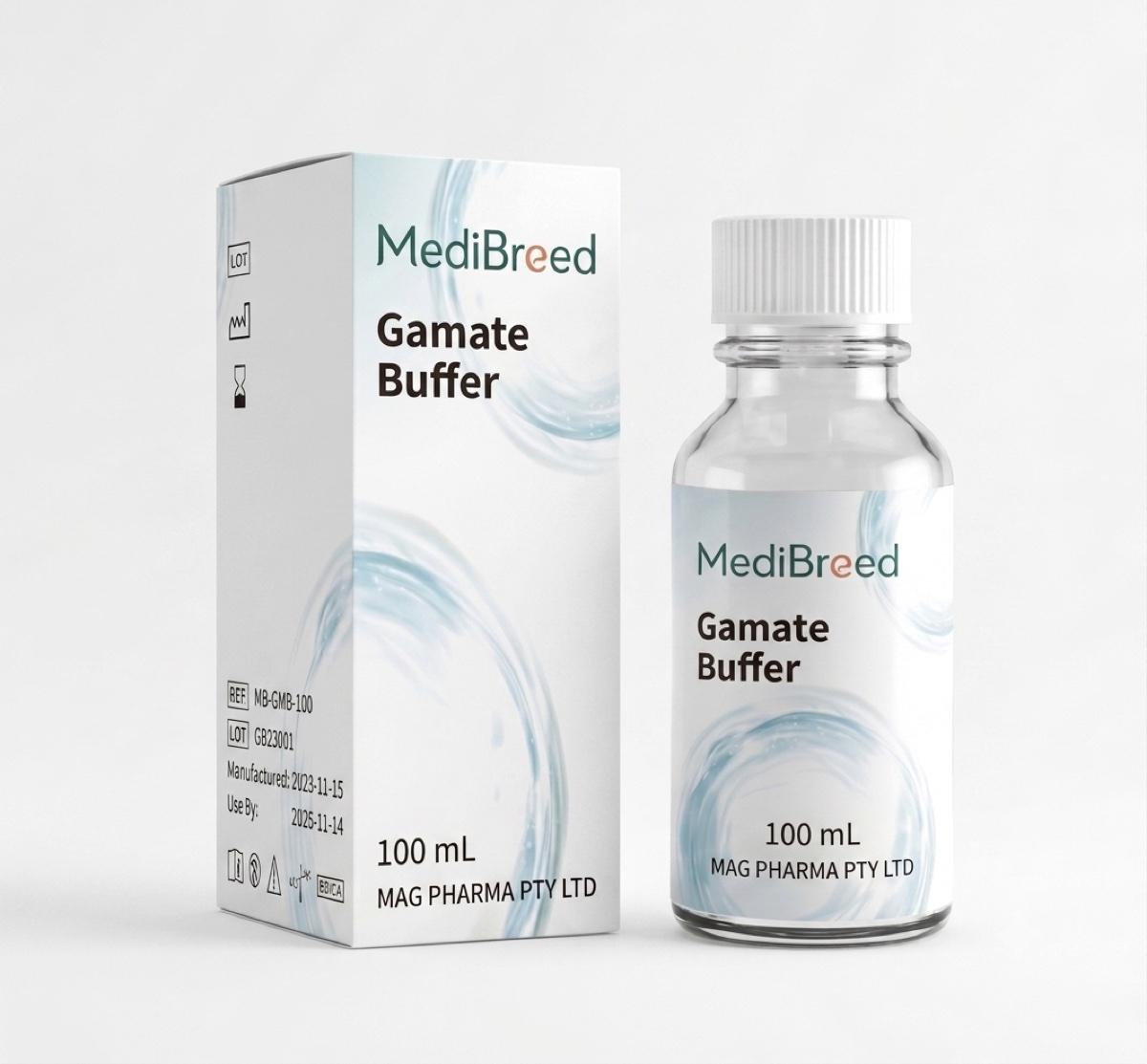 MediBreed Gamete Buffer product pack and bottle